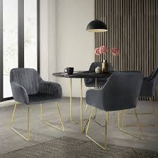 Set van 4 Grijze Fluwelen Eetkamerstoelen met Gouden Poten