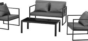 4-delige Zwarte Tuinset: Loungeset met Tuintafel en Stoelen