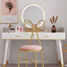 Roze Fluwelen Kaptafel Stoel met Strik - Comfortabele Make-up Kruk voor Meisjes