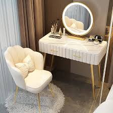 Verlichte Make-up Kaptafel met Dimbare Spiegel en Fauteuils - Beige